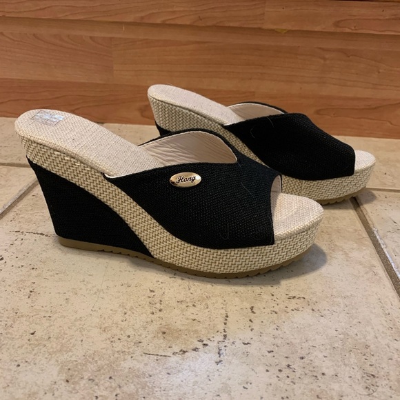 Hong Black Raffia Jute Wedge Espadrille Platform Sandals Size 39 - Picture 2 of 9